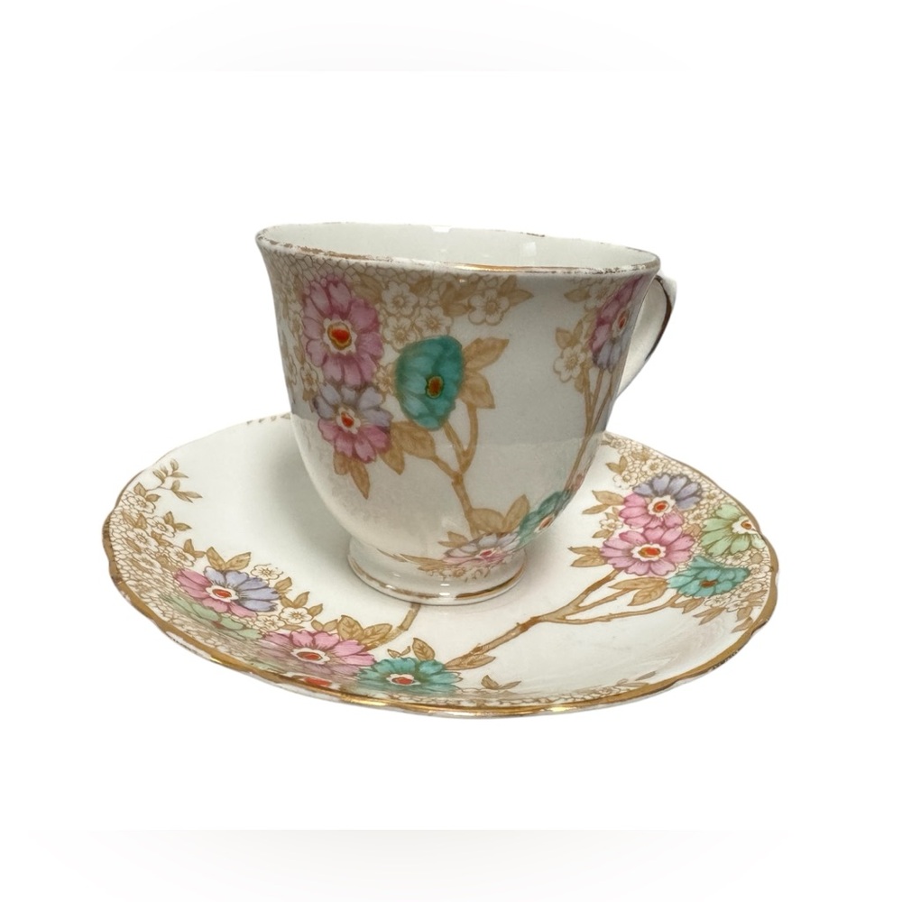 Vintage Tuscan England Tea Cup and Saucer Porcelain Turquoise/Purple